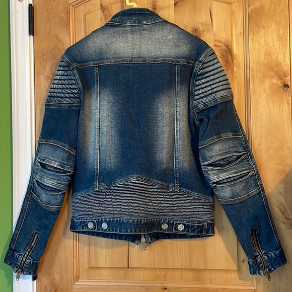 ANGEL COLA Men’s Biker Slim Fit Distressed Washed Blue Denim Jacket $234 EUC M - Picture 6 of 16